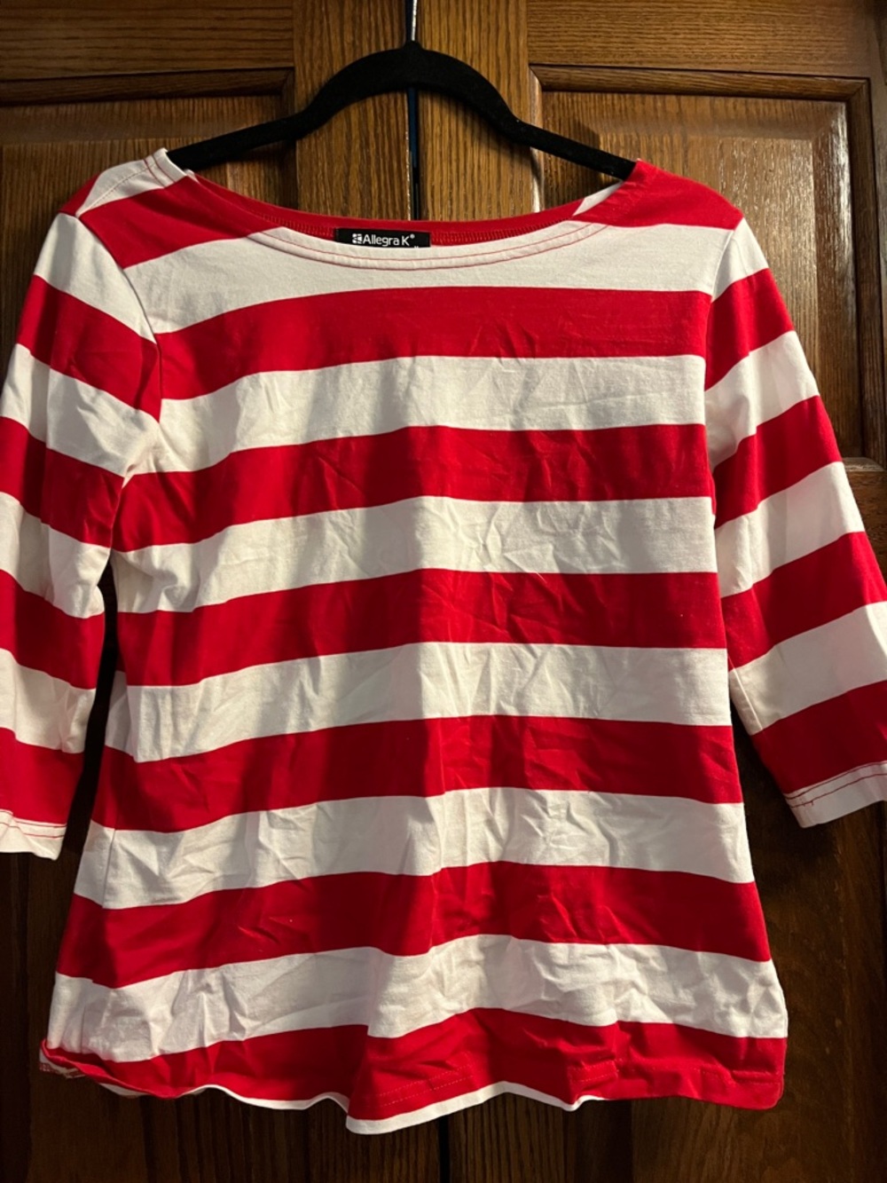 Allegra K Girls Red and White Striped Boatneck Long Sleeve Tee